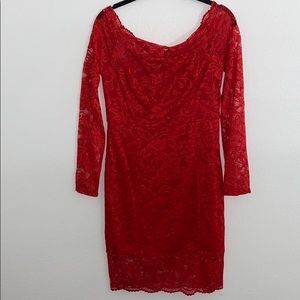 Red Lace Long Sleeve Fitted Dress